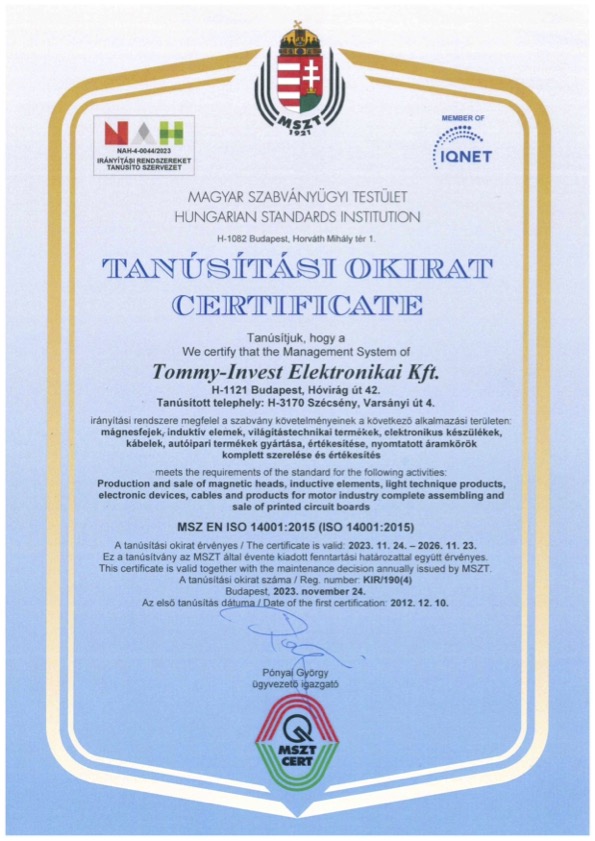 Certification TI-Electronic ISO 14001